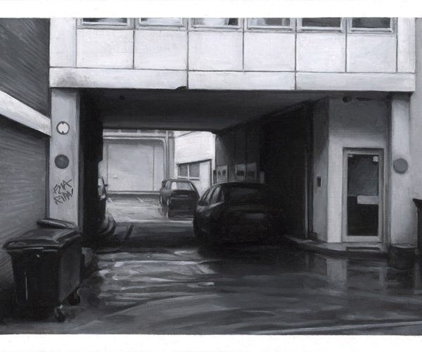 Nicholas Middleton Internal Courtyard with Parking, Oil on paper on card 10 x 15 cm