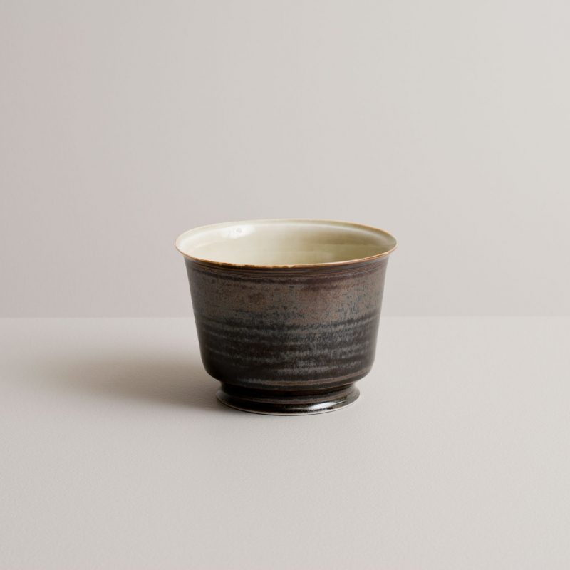 Olen Hsu Tea bowl in variegated green and feathery silver black glazes Porcelain 11 x 10 cm.