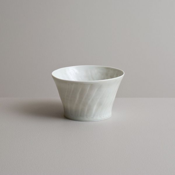 Olen Hsu Translucent fluted Tea Bowl in Ash Glaze Porcelain 7 x 12 cm.