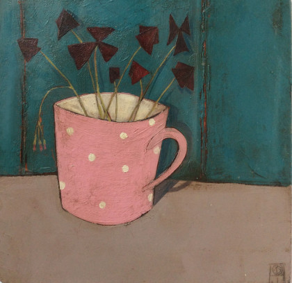 Jo Oakley Oxalis in Pink cup, Mixed media on board 18 x 18 cm