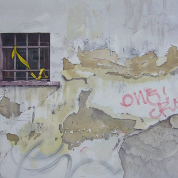Lillias August Yellow Tape Wroclaw Poland, Watercolour on paper 50 x 33 cm