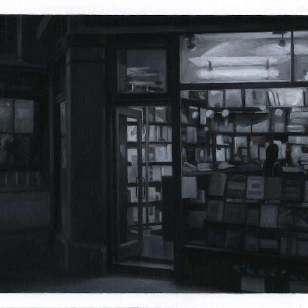 Nicholas Middleton Bookshop At Night, Oil on Paper on Card 10 x 15 cm