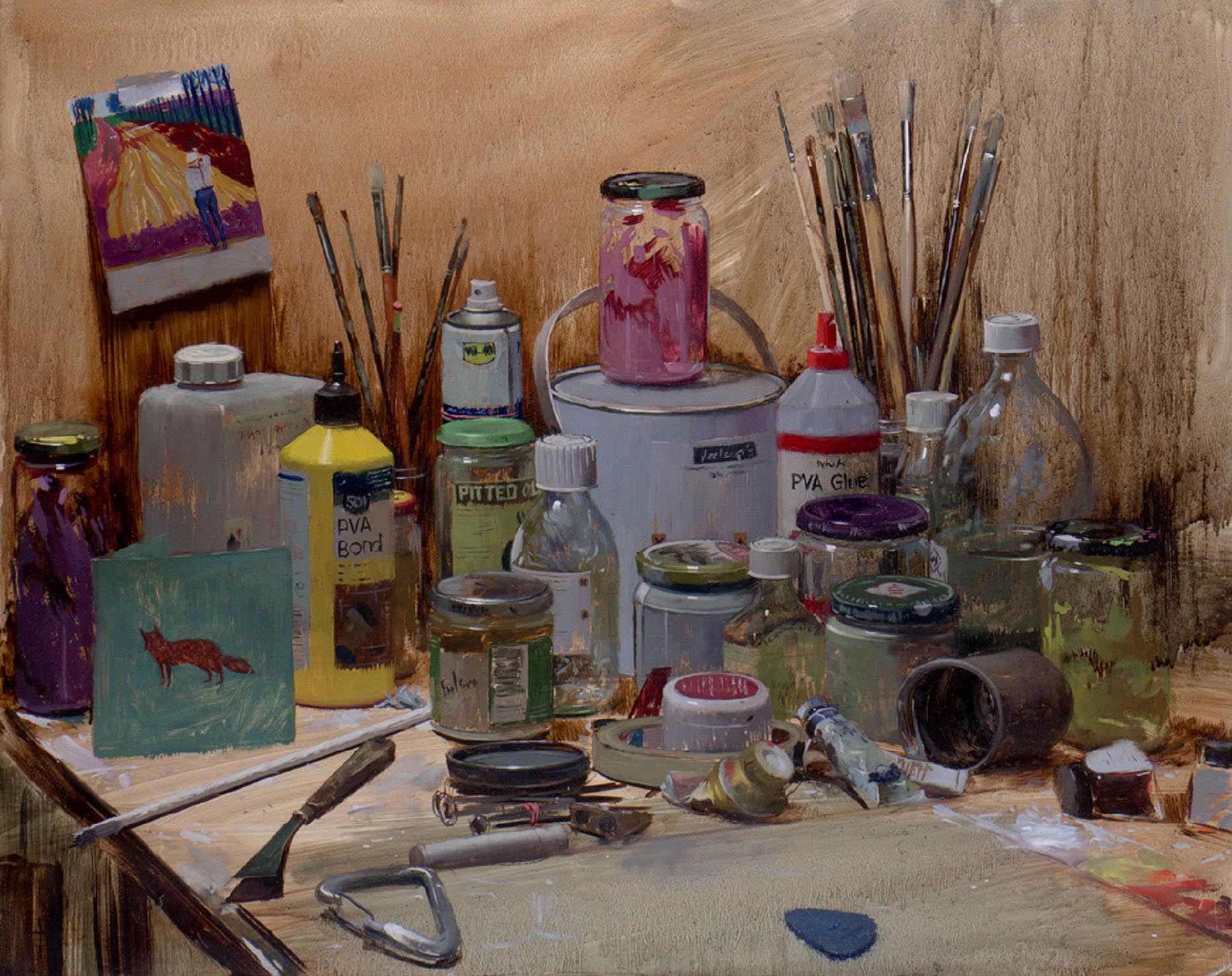 Tom Hughes Jars and Brushes with Portrait of David Working, Oil on Board 61 x 78 cm