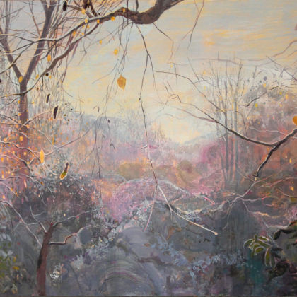 Ruth Stage Landscape with Frost, Egg tempera on gesso board 100 x 120 cm.