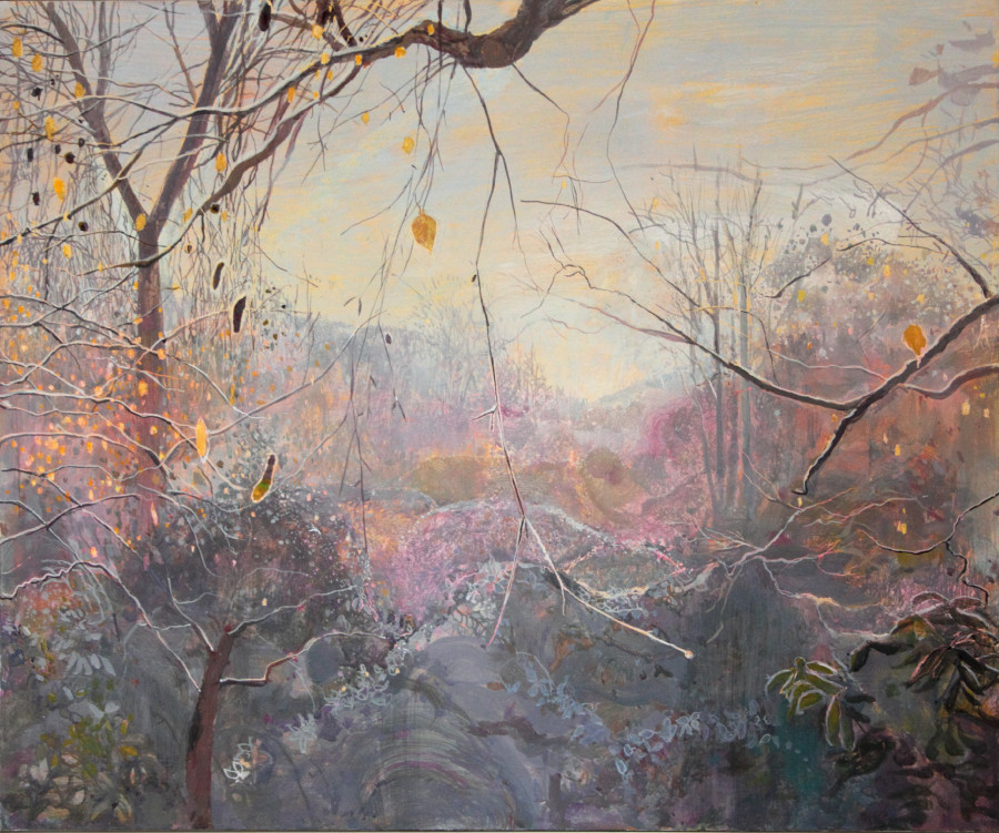 Ruth Stage Landscape with Frost, Egg tempera on gesso board 100 x 120 cm.