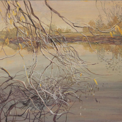Ruth Stage Riverbank Autumn, Egg tempera on gesso board 38 x 51 cm.