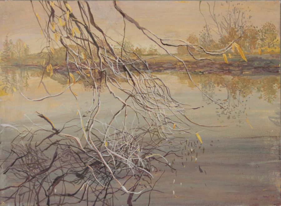 Ruth Stage Riverbank Autumn, Egg tempera on gesso board 38 x 51 cm.