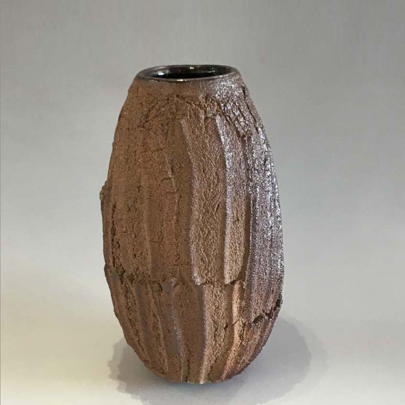 Patricia Shone 18. Erosion Vase, Hand formed crank clay, wood-fired stoneware with tenmoku glaze interior h22 cm.