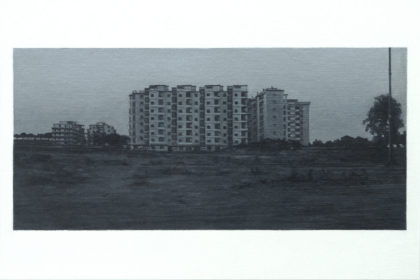 Nicholas Middleton Apartment Block at Dawn, Oil on paper on card 10 x 15 cm.