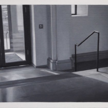 Nicholas Middleton Lobby with Steps and Handrail, Oil on Card 10 x 15 cm.