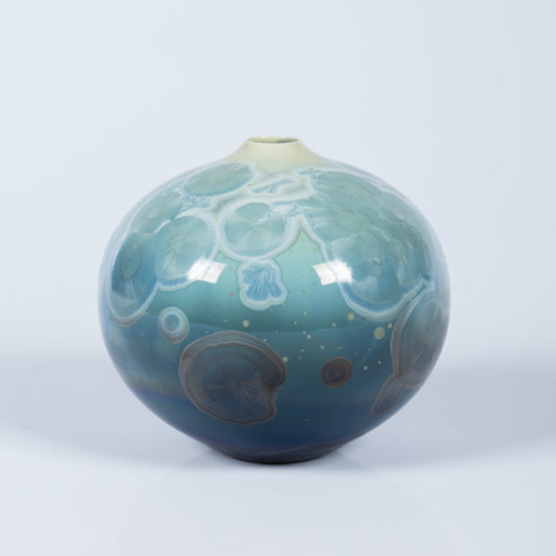 Matt Horne 13. Small Round Blue/Green Vase, Porcelain with Crystalline Glaze h12 x 12 cm