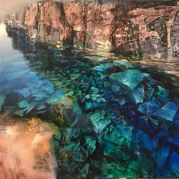 Beth Robertson Fiddes Clear Water Iceland, Mixed Media on Wood 81 x 122 cm.