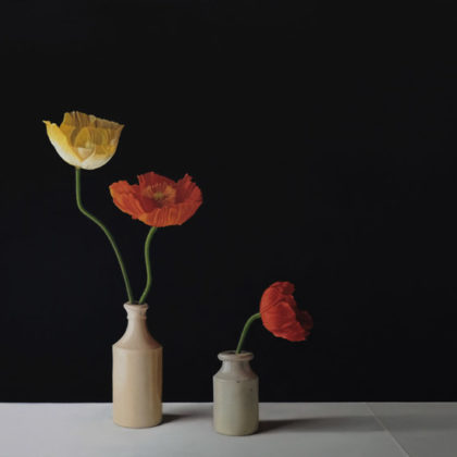 Jo Barrett B15. Still Life with Yellow, Orange and Red Icelandic Poppies, Oil on canvas 80 x 115 cm.