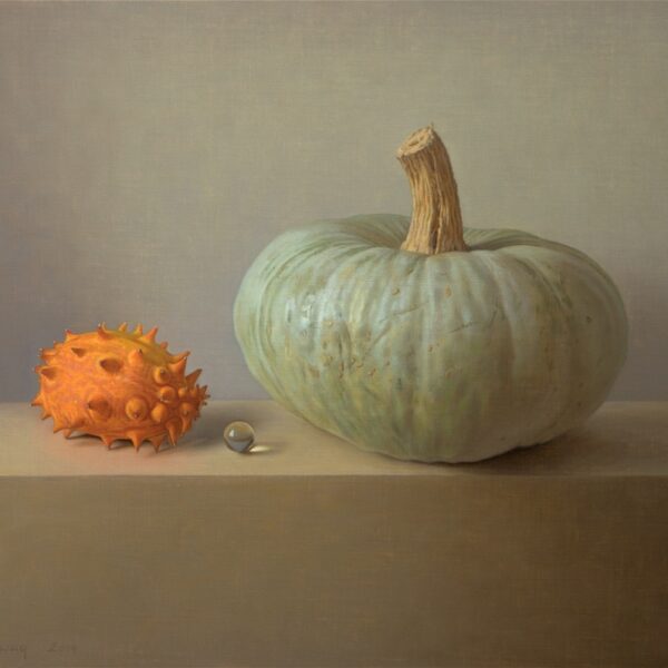 Alex Callaway Chance Encounter; Kiwano with Ghost Pumpkin, Oil on Panel 41 x 51 cm.